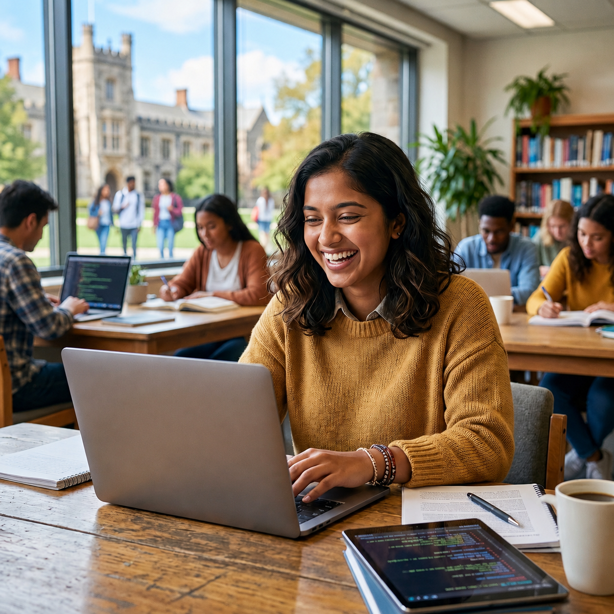 Happy student studying with laptop
